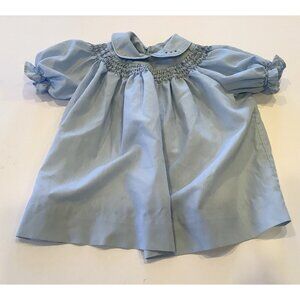 Vintage Infant Dress Blue Smocked Short Sleeves Collar Hand Sewn Approx 3 Mons